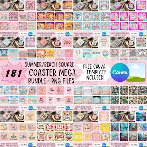 Può includere: Una collezione di sottobicchieri quadrati con vari disegni a tema estivo e spiaggia. I sottobicchieri presentano immagini di occhiali da sole, bevande tropicali e scene di spiaggia. Il testo "Summer/Beach Square Coaster Mega Bundle - PNG Files" è visibile.