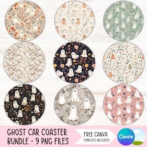 May include: Nine different designs of round car coasters featuring a ghost and floral pattern. The coasters are in various colours, including beige, black, green, and pink. The text "GHOST CAR COASTER BUNDLE - 9 PNG FILES" is at the bottom of the image. The text "FREE CANVA TEMPLATE INCLUDED!" is at the bottom of the image. The Canva logo is at the bottom right of the image.
