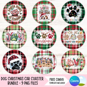 Sous-verre de voiture Noël chien chien PNG porte-gobelet maman design sublimation pattes du père Noël rond porte-clés PNG sous-bock bricolage téléchargement de fichiers numériques