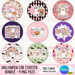 May include: Nine round Halloween-themed car coasters featuring a cute ghost character with different patterns and text. The text includes "It's the Season", "Cute But Creepy", "Spooky Season", "Fab Boo-licious", "Spooky Vibes", "Stay Spooky", "Sweet & Spooky", "Hippie Halloween", and "Free Canva Template Included!"