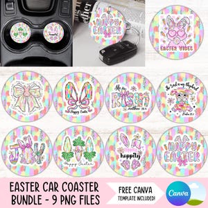 Puede incluir: Nueve posavasos redondos y coloridos para coche con temas de Pascua. Los posavasos presentan conejos, huevos, flores y mensajes religiosos de Pascua. Los posavasos están diseñados con un fondo abstracto colorido.