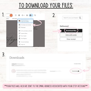 Op de afbeelding: Een screenshot van een Etsy-website met instructies voor het downloaden van digitale bestanden. De instructies omvatten het downloaden van bestanden van de Etsy-website en het ontvangen van de bestanden per e-mail.