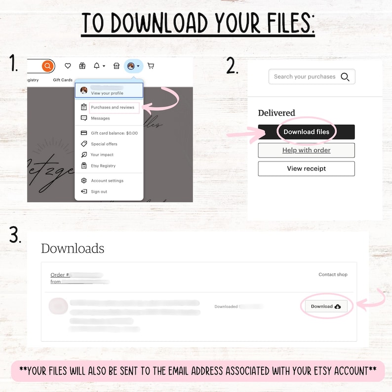 Op de afbeelding: Een screenshot van een Etsy-website met instructies voor het downloaden van digitale bestanden. De instructies omvatten het downloaden van bestanden van de Etsy-website en het ontvangen van de bestanden per e-mail.