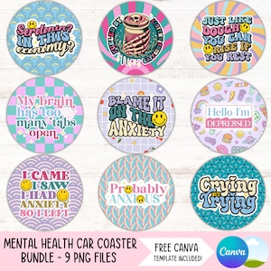 Grappige geestelijke gezondheid autoachtbaan PNG-bundel sarcastische bekerhouder sublimatie ontwerpen ronde sleutelhanger PNG angst DIY autoachtbaan digitale bestanden