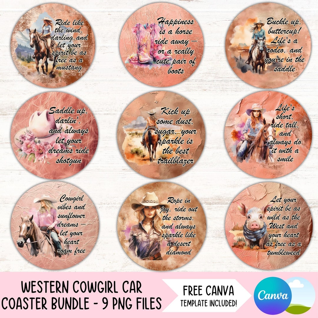 Country Western Car Coaster Png Bundle Cowgirl Cup Holder Sublimation ...