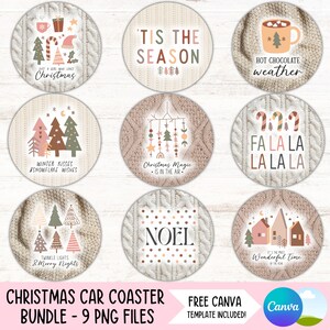May include: Nine round Christmas-themed coasters with a knitted background. The coasters feature various designs, including a Christmas tree, a hot chocolate mug, and a house with a Christmas tree. The text on the coasters includes "Tis the Season", "Winter Kisses & Snowflake Wishes", "Christmas Magic", "Hot Chocolate Weather", "Fa La La La La La", "Noel", and "It's the Most Wonderful Time of the Year".