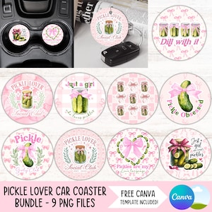 Pickle Lover Car Coaster PNG Bundle Pink Coquette Bows Portabicchieri Design a sublimazione Dill Pickle Portachiavi rotondo PNG Coaster Download digitale