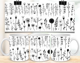 Wildflowers Mug Wrap PNG, Floral 11oz & 15oz Mug Sublimation Design, Black and White Flower Coffee Cup Digital Downloads