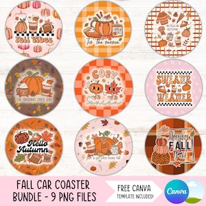 Bonjour automne dessous de verre voiture PNG Bundle citrouille épices porte-gobelet Sublimation dessins automne rond porte-clés PNG dessous de verre bricolage téléchargement de fichiers numériques
