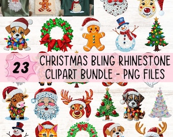 Puede incluir: Una colección de 23 imágenes prediseñadas de Navidad con pedrería. Las imágenes incluyen a Papá Noel, renos, muñecos de nieve, hombres de jengibre, árboles de Navidad, coronas y perros. También está presente el texto "CHRISTMAS BLING RHINESTONE CLIPART BUNDLE - PNG FILES".