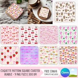 May include: A collection of nine square coasters with various coquette-themed patterns. Designs include cherries, bows, strawberries, and coffee-themed graphics. The coasters are in a variety of pastel colors, perfect for adding a touch of charm to any space. The text "COQUETTE PATTERN SQUARE COASTER BUNDLE" is visible.