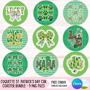 May include: Nine round green and white car coasters with various St. Patrick's Day designs. The designs include shamrocks, bows, and the words "Lucky Charm" and "Mama".