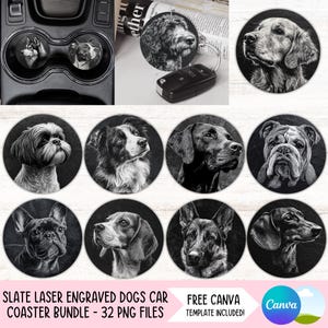 May include: A collection of slate car coasters featuring laser-engraved dog portraits. The coasters showcase various dog breeds in black and white, with a round shape. The image also includes a car key and text that reads "SLATE LASER ENGRAVED DOGS CAR COASTER BUNDLE - 32 PNG FILES".