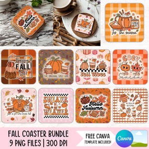 Könnte beinhalten: Ein Set aus zehn quadratischen Untersetzern mit herbstlichen Illustrationen wie Kürbissen, Herbstblättern, Footballs, Kaffeetassen und Karomustern. Die Designs enthalten Texte wie Hello Autumn, Tis the season, Happy Fall Yall, The original spice girl, Fall Vibes, Cozy Season, Just a girl who loves fall und Sweater Weather.