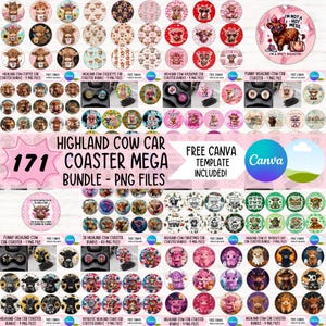 Può includere: Una collezione di sottobicchieri per auto con disegni di mucche delle Highlands. I sottobicchieri presentano vari modelli e colori, tra cui temi floreali, di San Valentino e natalizi. L'immagine include anche il testo "Highland Cow Car Coaster Mega Bundle - PNG Files."