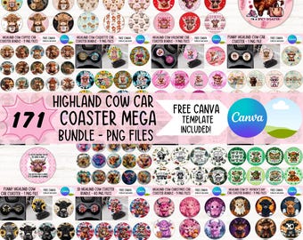 May include: A collection of car coasters featuring Highland cow designs. The coasters have various patterns and colors, including floral, Valentine's Day, and Christmas themes. The image also includes the text "Highland Cow Car Coaster Mega Bundle - PNG Files."