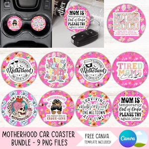 Ensemble de sous-verres de voiture PNG drôle pour maman, coquette, porte-gobelet pour la maternité, motifs à sublimation, maman sarcastique, porte-clés rond, conception de voiture, Freshie PNG
