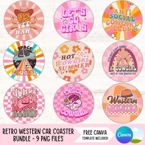 Porta-copos de carro de vaqueira ocidental PNG Pacote Porta-copos de garota country Design de sublimação Vamos lá meninas Chaveiro redondo PNG Arquivos digitais de porta-copos faça você mesmo