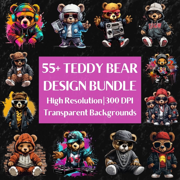 Teddy Bear Png Bundle, Colorful Urban Design Streetwear Png Sublimation, Urban Style Neon Design Graffiti Png for Tshirt, Digital Download