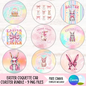 Puede incluir: Nueve posavasos redondos con un esquema de color rosa pastel, azul y amarillo con varios diseños de conejos de Pascua. Los diseños incluyen conejos con gafas de sol, lazos y tazas de café. El texto en los posavasos incluye "Cottontail", "Egg Hunt Club", "Happy Easter", "Shake Your Bunny Tail", "Coffee Club" y "Bunny Club".