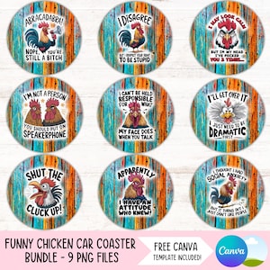 Ensemble de sous-verres de voiture poulet drôle PNG citations sarcastiques porte-gobelet Sublimation dessins coq rond porte-clés PNG sous-bock bricolage fichiers numériques