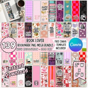 May include: A digital collection of 139 rectangular bookmarks featuring diverse graphic designs, including book stacks, floral patterns, checkered prints, and literary quotes. The bookmarks measure 2 inches wide by 6 inches high.