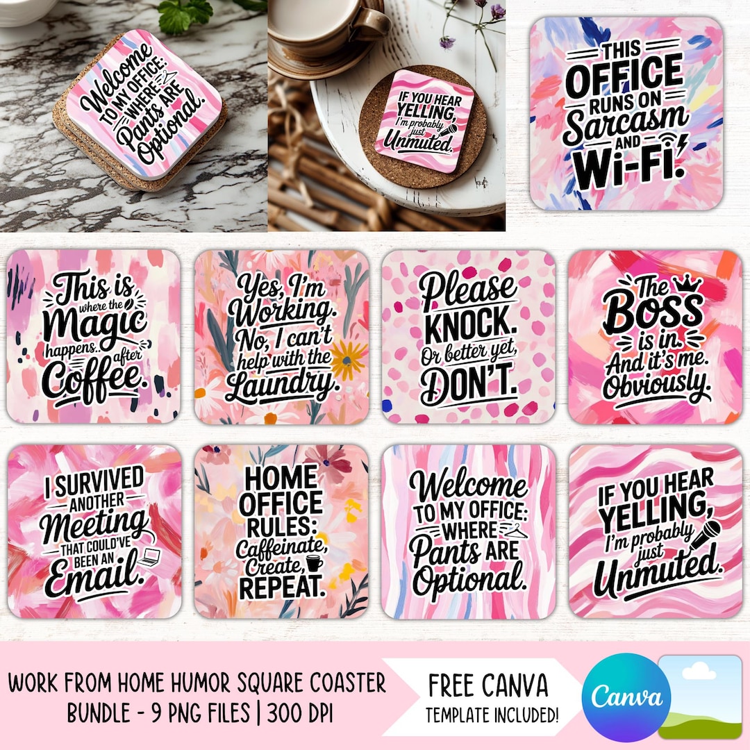 Work Coasters Funny Work From Home Square Coaster PNG Bundle, Office Humor Quotes ...