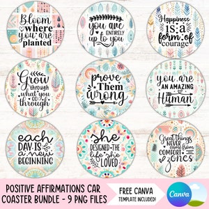 Positive Affirmations Car Coaster PNG Bundle Inspirational Car Cup Holder Motivational Keychain PNG Sublimation Design Round Coaster Set