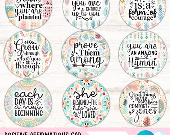 Positive Affirmations Car Coaster PNG Bundle Inspirational Car Cup Holder Motivational Keychain PNG Sublimation Design Round Coaster Set