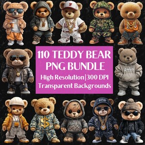 Teddybär Streetwear Png-Bundle Cooler Bär Hip Hop Sublimations Designs Urban Grafik Tshirt Hoodie Designs Teddybär Clipart Digitale Dateien