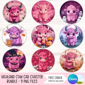 Halloween Highland Cow Car Coaster PNG Bundle Pumpkin Cup Holder Sublimacja Wzory Jesienny Okrągły Brelok PNG DIY Coaster Pliki Cyfrowe