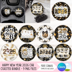 May include: A collection of car coasters with a New Year's theme. The coasters feature the year 2026, festive graphics, and phrases like "Happy New Year" and "Resolutions." The color scheme includes black, gold, and white.
