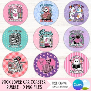 May include: Nine round pink, purple, and blue car coasters with various book-themed designs featuring skeletons, ghosts, and cats. The coasters have text such as "In My Spooky Booorish Era", "Let Me Read In Peace", "Trick Or Read", "My Weekend Is Booked", "Books On Off", "I Read Banned Books", "Read Or Die", and "I'm Just Here For The Booooooks".