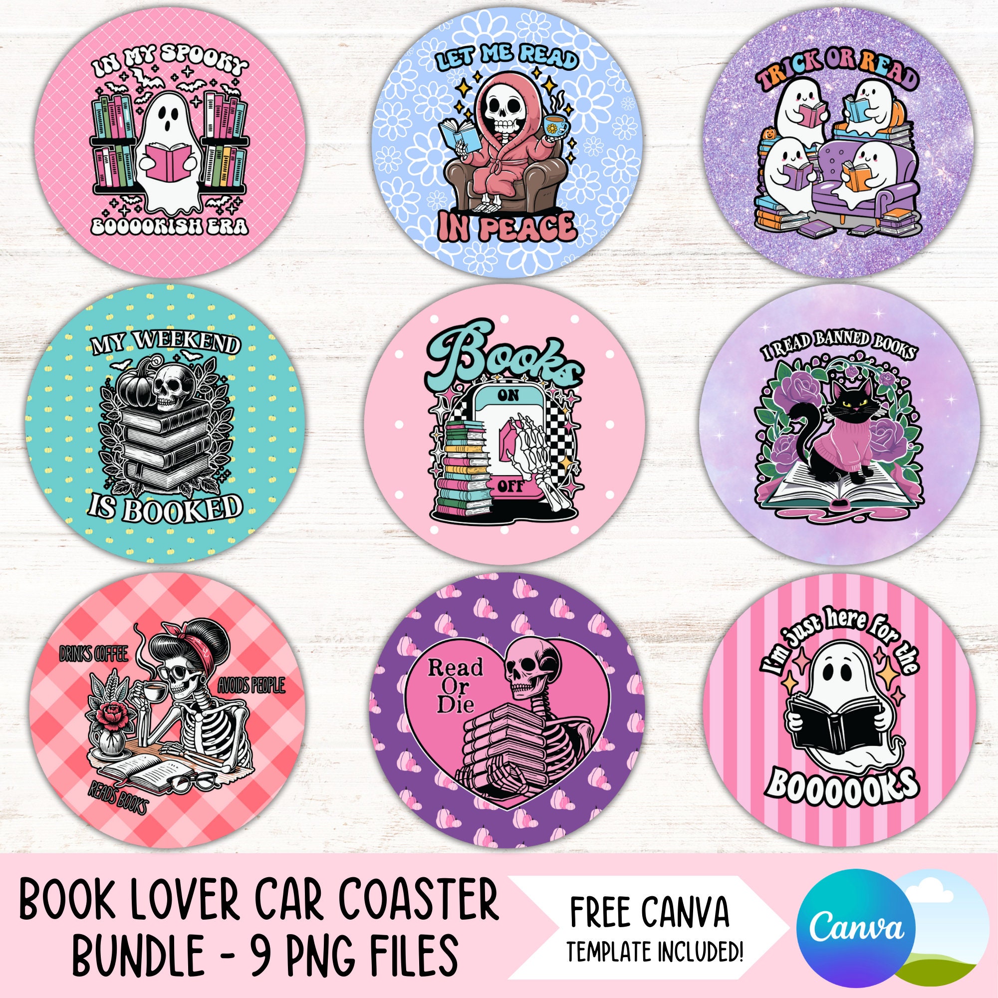 Ghost Book Lover Car Coaster PNG Bundle Halloween Coffee Cup Holder ...