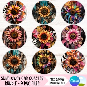 May include: Set of nine round car coasters featuring a sunflower design with a black background and colorful accents. The coasters have a variety of patterns including animal print, feathers, and leaves.