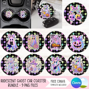 Pode incluir: Um conjunto de porta-copos de carro fantasma iridescentes com fundo preto e bolinhas coloridas. Os porta-copos apresentam vários designs de fantasmas com temas de Halloween, incluindo abóboras e laços. O texto "IRIDESCENT GHOST CAR COASTER BUNDLE - 9 PNG FILES" é visível.