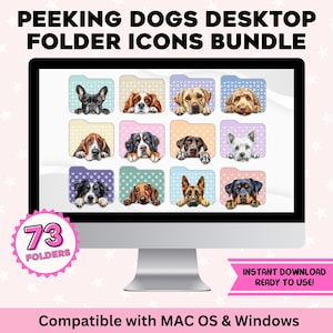 May include: A computer monitor displays a collection of colorful folder icons featuring various dog breeds. The icons are arranged in rows and columns, with each folder displaying a different dog. The text "PEEKING DOGS DESKTOP FOLDER ICONS BUNDLE" is at the top.