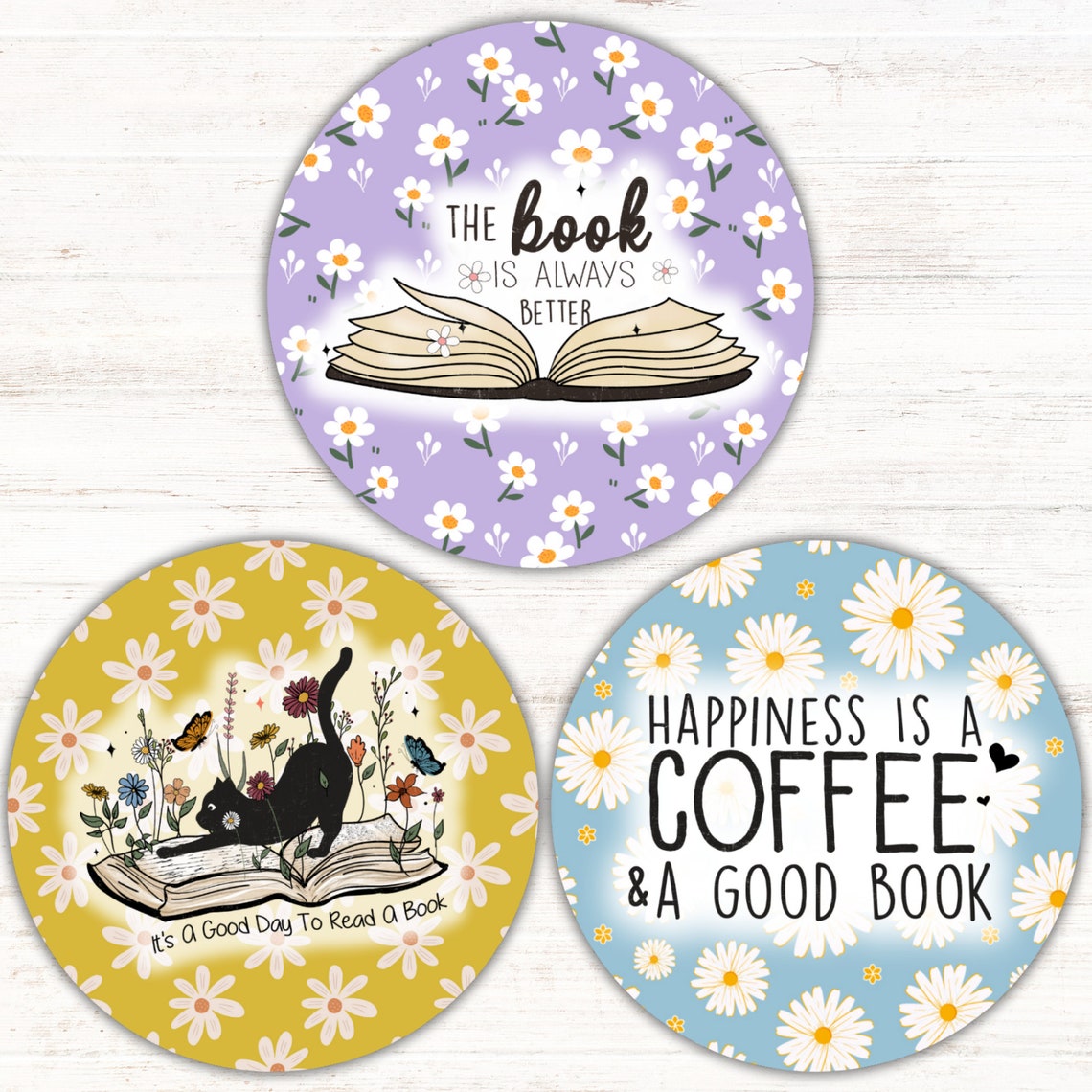 Floral Books Car Coaster PNG Bundle, Reading Lover Round Sublimation ...