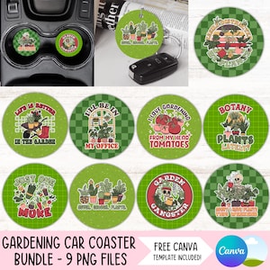 Lustige Gartenarbeit Auto Untersetzer PNG Bundle Pflanzenliebhaber Getränkehalter Sublimation Designs Pflanze Mama Runde Schlüsselbund PNG DIY Untersetzer Digitale Dateien