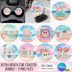 May include: A collection of nine retro beach car coasters with colorful designs. The coasters feature beach-themed graphics, including sunglasses, flip-flops, and the text "Hello Summer." The bundle includes a free Canva template.