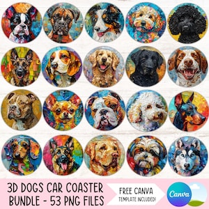 May include: A set of 53 colorful, digital, 3D dog illustrations. Each image features a different breed of dog, with a variety of colors and patterns. The images are perfect for creating custom car coasters.