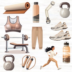 May include: A set of fitness and wellness items including a yoga mat, a sports bra, a pair of running shoes, a water bottle, a kettlebell, a jump rope, a weight bench, and sweatpants.