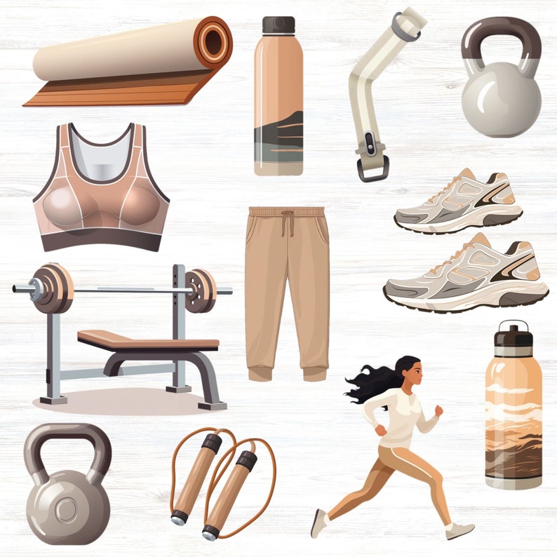 May include: A set of fitness and wellness items including a yoga mat, a sports bra, a pair of running shoes, a water bottle, a kettlebell, a jump rope, a weight bench, and sweatpants.