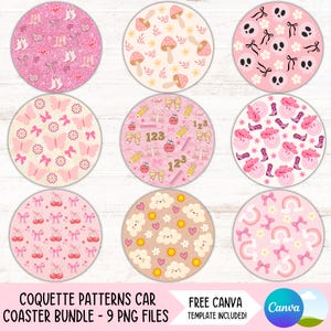 May include: A collection of nine round car coasters with various pink and pastel patterns. Designs include bows, butterflies, mushrooms, skulls, cherries, rainbows, and school-themed graphics. The text "COQUETTE PATTERNS CAR COASTER BUNDLE - 9 PNG FILES" is visible.