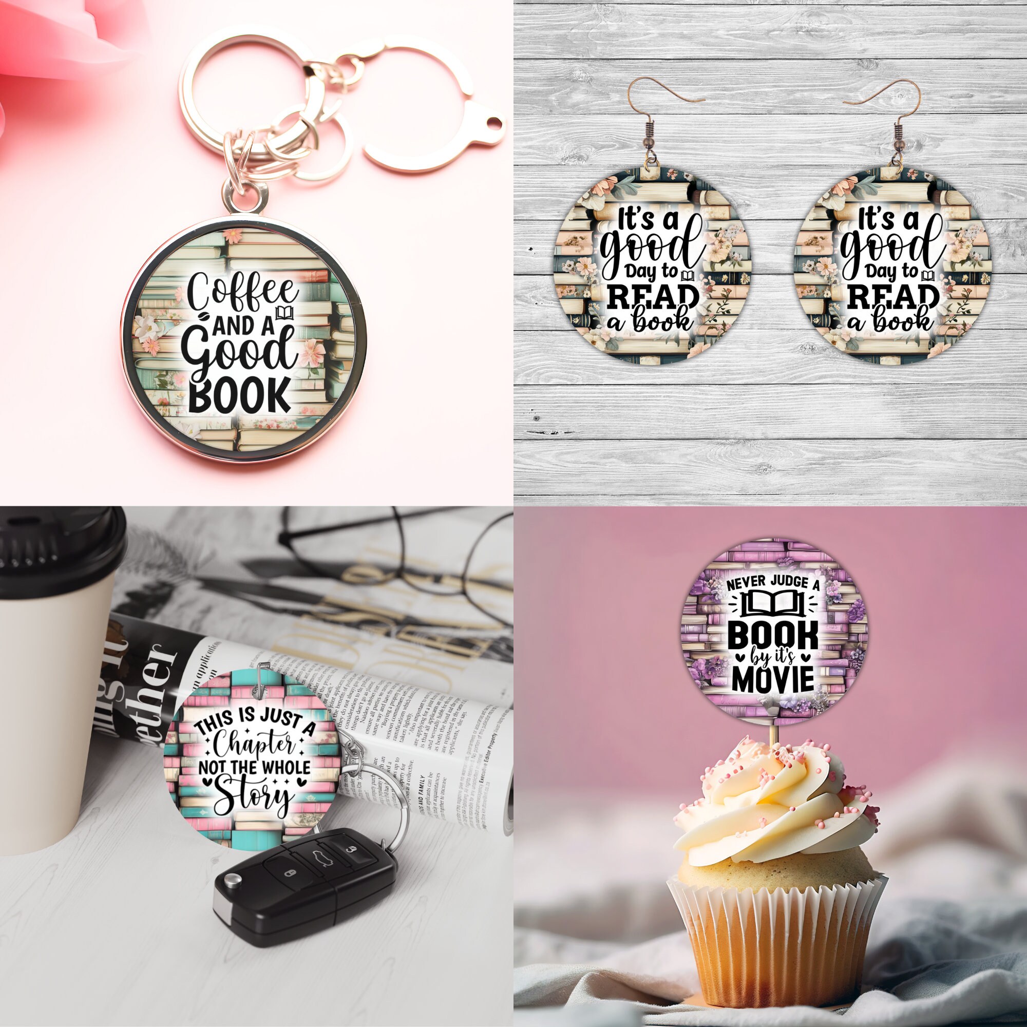 Book Lover Car Coaster PNG Bundle, Reading Round Sublimation Designs ...