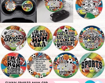Paquete de posavasos para coche con diseño de mamá deportista, diseños redondos de sublimación para mamá deportista, llaveros PNG para el día del juego y descarga de archivos digitales para portavasos de coche.