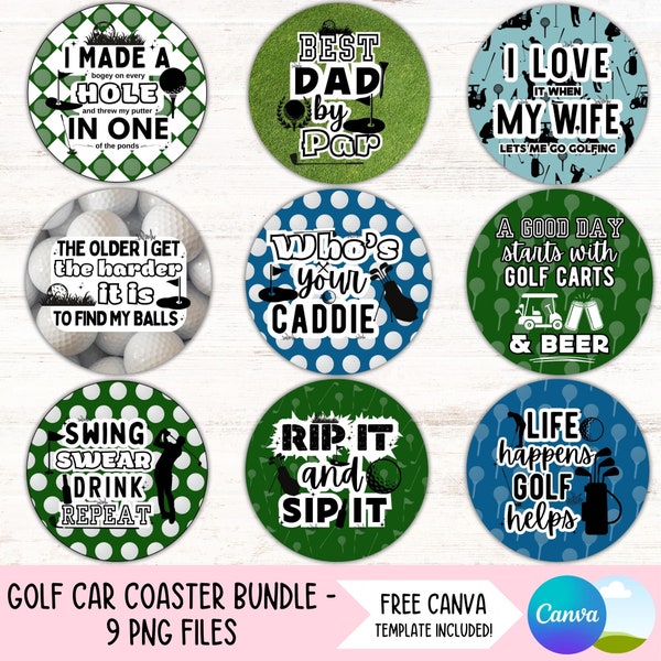 Golf Car Coaster Png Bundle For Guys, Best Dad By Par Coaster Design, Round Cup Holder Design for Golf Gift For Him, Funny Coaster Download