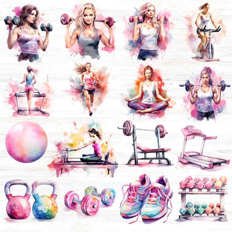Puede incluir: Ilustraci&oacute;n acuarela de varias actividades de fitness, incluyendo yoga, levantamiento de pesas, remo, correr en una cinta de correr y ciclismo. La ilustraci&oacute;n presenta mujeres en diferentes poses y usando varios equipos de fitness.