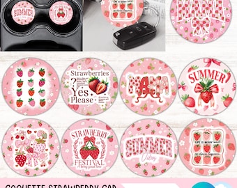 Strawberry Coquette Car Coaster PNG Bundle Coquette Mama Keychain PNG Pink Bow Coaster Sublimation Designs Preppy Round Drink Coasters