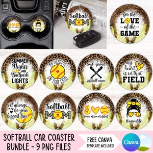 Pode incluir: Nove porta-copos de carro redondos de 9,5 cm de diâmetro, prontos para sublimação, com fundo estampado de leopardo e vários designs com tema de softball. Os designs incluem texto como "Softball Mom", "Summer Nights and Ballpark Lights", "My Heart is on That Field", "Loud and Proud Softball Mom", "My Heart is on That Field", "I'll Always Be Your Biggest Fan", "Peace Love Softball", e "#Momlife".
